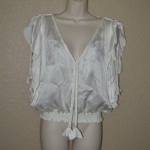 $450 Sz S Vanita Rosa White Lace Detail Cap Ruffle Sleeve Elastic Waist Blouse